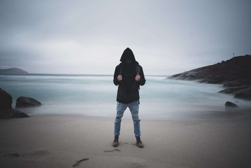 Man in hoodie in the beach