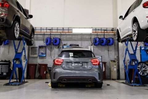 Gray Mercedes in the repair shop