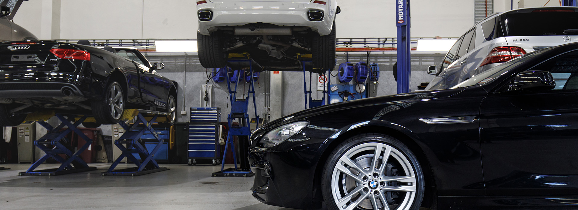 The Cox Auto service garage, where gleaming European luxury cars are in the middle of a service.