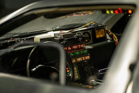 Image of Delorian-styled retro-futuristic car dashboard